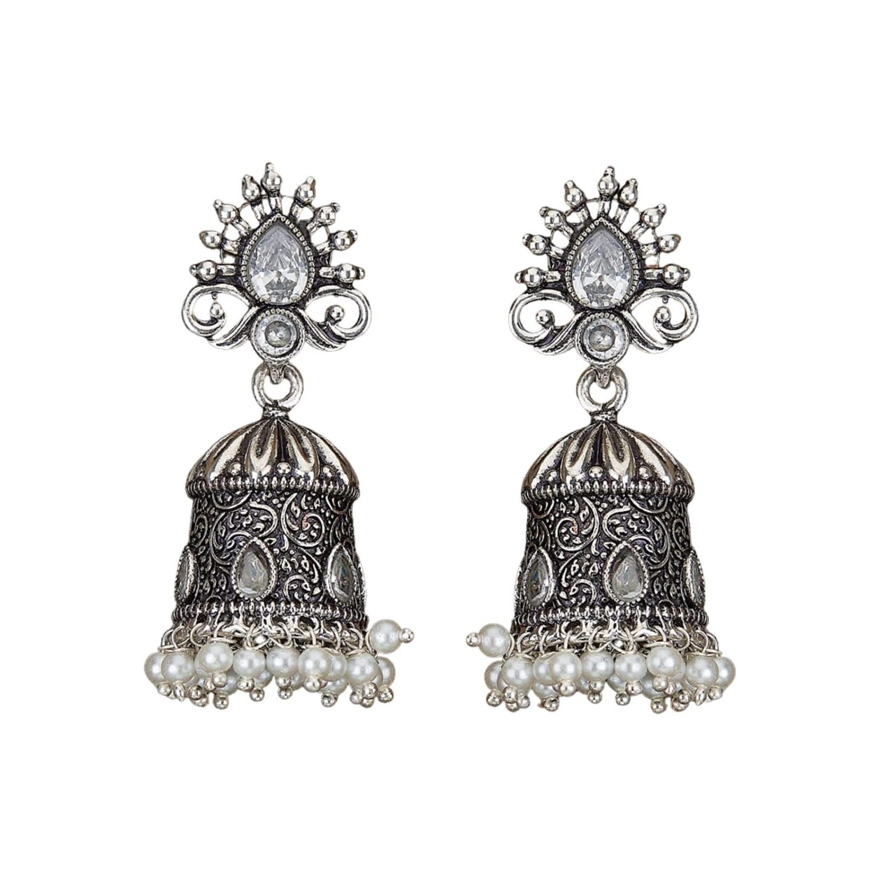 Indian Oxidized Jhumka Earrings for Women - Vintage Indian Jhumki Ethnic Chandbali Earrings Faux Pearls with Oxidized Platting Bollywood Style Dangle Earring Jewelry for Bride Gift for Her